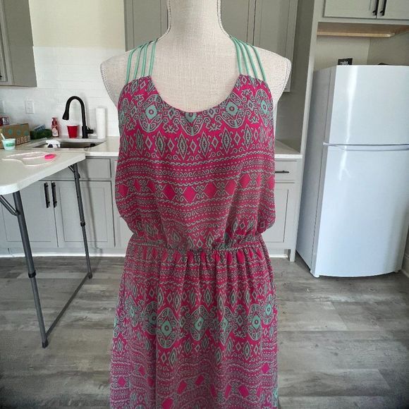 Umgee Hi Low Dress Pink Green Print Sleeveless Caged Back Size Large - Picture 4 of 8